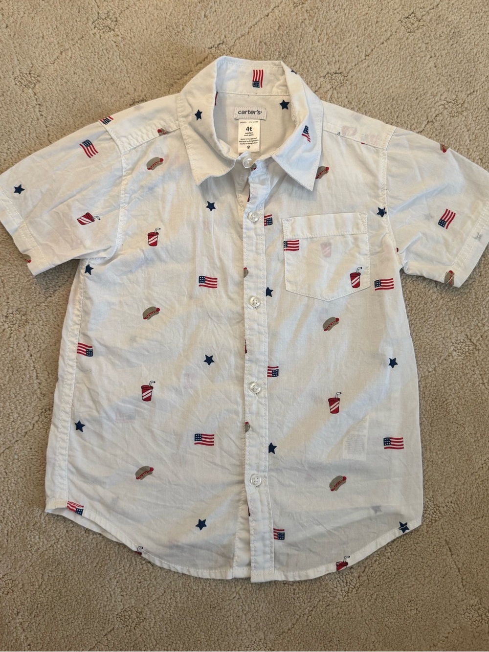 Carter's White Short-Sleeve Button-Down Shirt with Red & Blue Patriotic Motifs